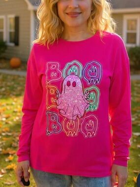 Bright Pink Long-Sleeve Ghost Graphic Tee